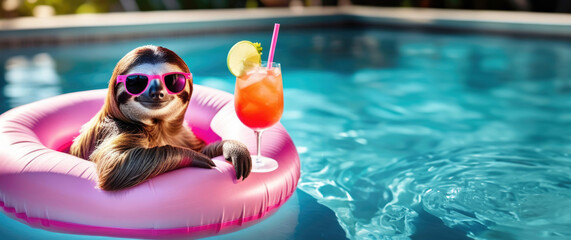 Banner with sloth wearing sunglasses and having a cocktail in a pool floating on a swim ring with...
