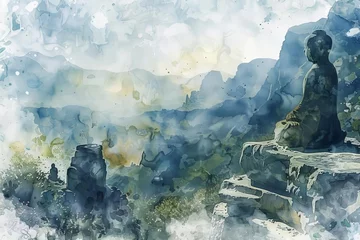Fotobehang Silent Guardians Ancient Stone Statues Overlooking a Forgotten Valley, Digital Watercolor © furyon