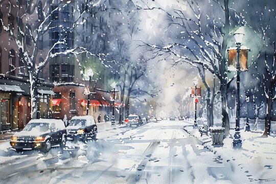 Silent City Snowfall, Watercolor Painting of a Quiet Urban Scene with Gentle Snow Drifting Down