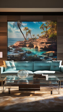 High-gloss acrylic frame with a panoramic ocean photograph, the room's ambient lighting reflecting like sunlight on water.