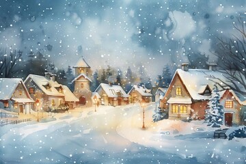 Silent Snowfall A Peaceful Winter Night in a Sleepy Village, Watercolor Illustration