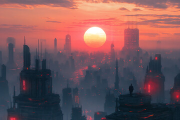 A breathtaking vista unfolds as a radiant crimson sun rises over Cyberopolis, a cityscape teeming with futuristic skyscrapers bathed in the morning glow. - obrazy, fototapety, plakaty