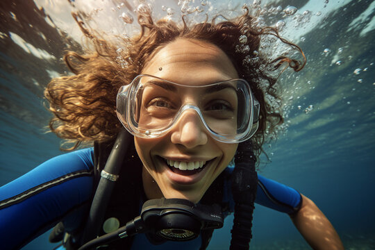 Generated with AI picture of beautiful cheerful woman enjoying her vacation and scuba diving underwater