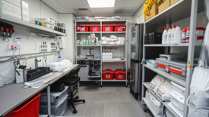 A well-ordered medical supply room with shelves stocked with healthcare supplies and equipment.