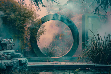 A moon gate stands in a misty garden. Beyond its circular frame, layers of color blend seamlessly--jade green, peach pink, and azure blue.