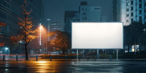 A white blank wall in the city at night with soft lighting, perfect for displaying an advertisement or banner Generative AI