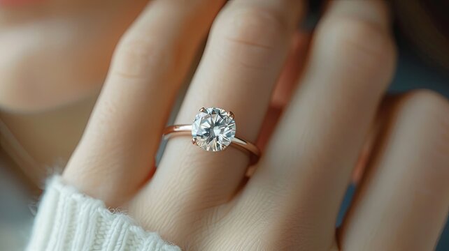 An exquisite, minimalist ring, showcasing a perfect diamond ring adorns the finger of a professional jewelry model