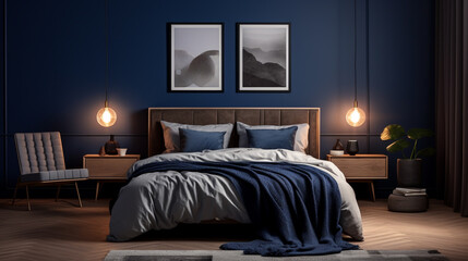 Realistic 3D render of a dark blue bedroom setting, with a central poster frame mockup, surrounded by artisanal rattan furniture and subtle mood lighting.