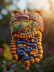 Detailed illustration of the human digestive system absorbing micronutrients, wideangle, vibrant organ colors, nutrient flow highlighted, daylight ambiance