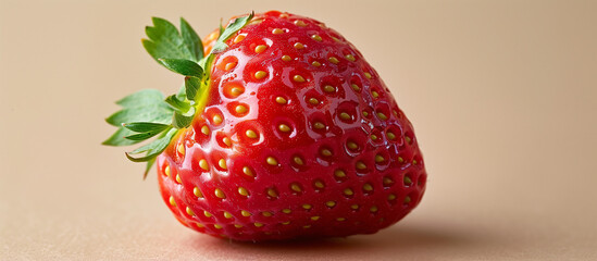 Fresh juicy ripe strawberry on neutral color background close up. Healthy food, red berry. Sweet healthy dessert.