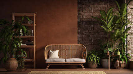 Render a welcoming living space where a mockup frame hangs above a bench, surrounded by greenery in pots, an inviting rattan armchair, books, and a handcrafted box - obrazy, fototapety, plakaty