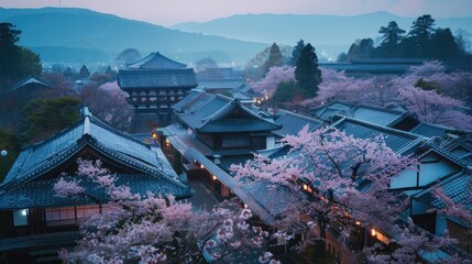 "Experience Kyoto's allure. Our photo captures traditional temples amidst cherry blossoms, with cozy accommodations nearby for a serene stay