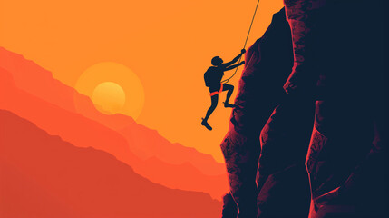 Rock Climber Against Majestic Sunset in Mountains