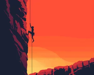Keuken foto achterwand Rock Climber on Cliff Face During Red Sky Sunset © aimired