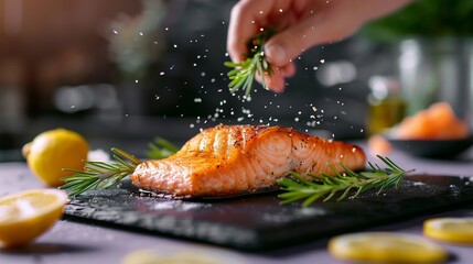Grilled Salmon Fillet leaping from a sleek, black slate plate, with lemon slices and rosemary...