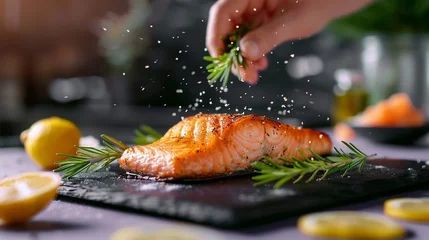 Foto op Plexiglas Grilled Salmon Fillet leaping from a sleek, black slate plate, with lemon slices and rosemary sprigs airborne, against a soft lavender background © Thaksa