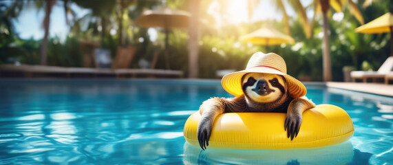 Banner with happy sloth in straw hat in swimming pool floating on swimming ring with space for text. Concept of a lazy vacation in a tropical resort hotel, all inclusive, tourism, travel, hot vacation - obrazy, fototapety, plakaty