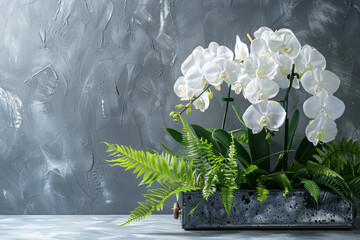 A composition of white orchids and green ferns, placed in a metal tray on a gray wall.