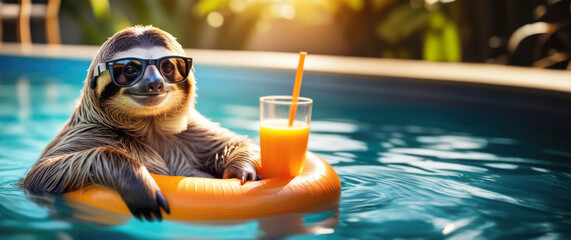 Banner with sloth wearing sunglasses and having a cocktail in a pool floating on a swim ring with...
