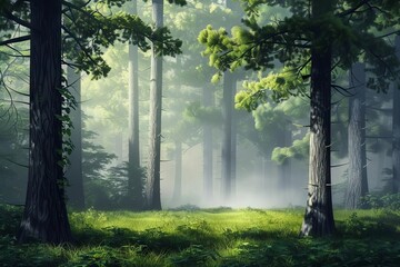 Whispering Pines Peaceful Forest Scene with Soft Morning Mist, Digital Landscape Illustration