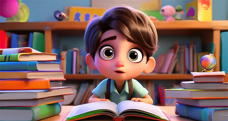 A kid with big eyes reading books and looking at amazed