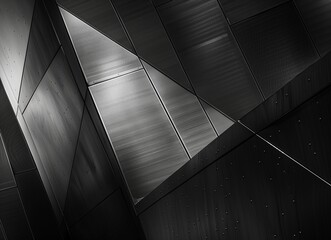 Black and white abstract background with geometric shapes of metal wall panels. Modern architecture concept. Black, gray, dark tones. Abstract design for interior or exterior decoration