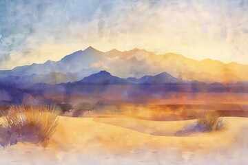 Whispering Sands Tranquil Desert Dunes at Sunset with Soft Pastel Colors, Digital Watercolor