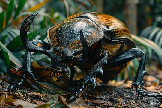 Hercules Beetle in battle stance, towering tropical foliage backdrop, wideangle, fierce gaze, dawn light