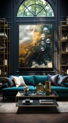 Fototapeten Thin black frame surrounding an abstract expressionist painting, wall painted in deep emerald green for a luxe gallery ambiance. © Abdul