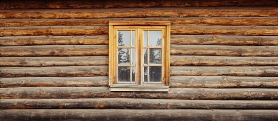 A detailed view of a window in a wooden log cabin with a rustic wooden wall