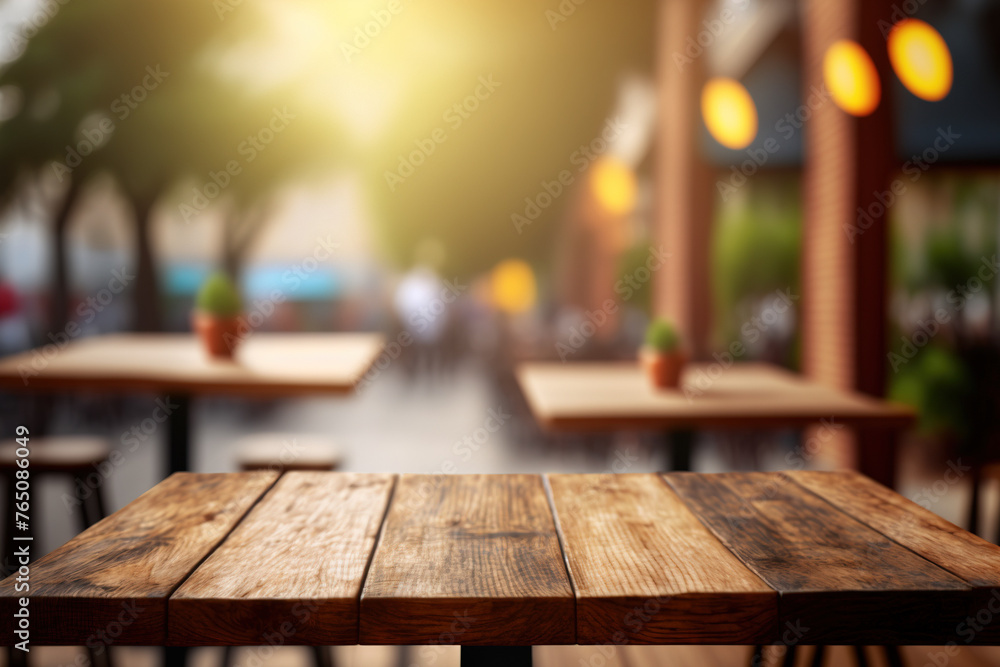 Poster wooden table blurred background of restaurant of cafe with bokeh. flawless generative ai