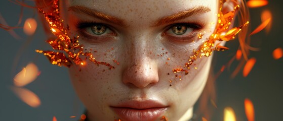  A woman's face with orange glitter makeup and blowing hair in wind, captured close-up