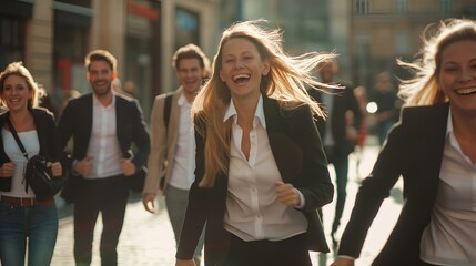 A group of young business people running in the street, laughing and having fun while doing advertising for their brand during an event or party on city streets, all looking at camera. generative AI