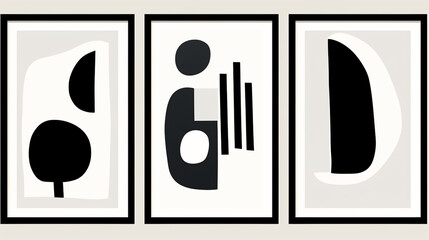Trio of abstract art vectors, each featuring minimalist hand-drawn strokes and shapes ideal for wall adornments or fabric prints in monochrome palettes.