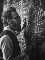 Mathematician scribbling equations on chalkboard, wideangle, intense focus, soft chalk dust - obrazy, fototapety, plakaty