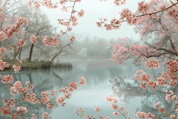 Blooming sakura near pond in a park Generative AI
