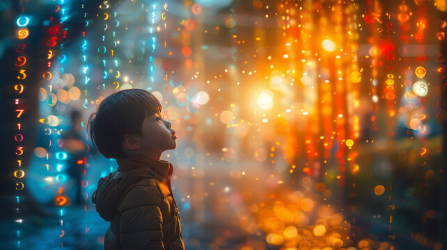 colorfull numbers floating in the air around a cute little kid,generative ai - Powered by Adobe