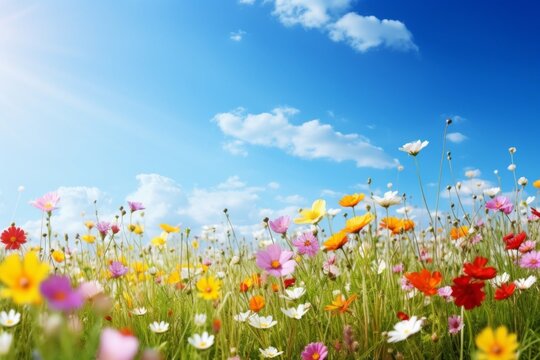 Sunny day field with colorful flowers Generative AI