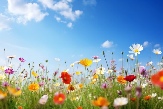 Blooming colorful flowers under blue skies Generative AI