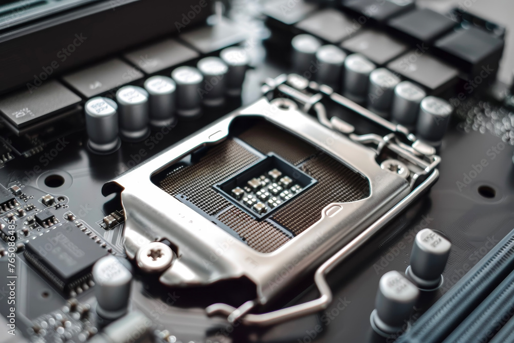 Poster a processor with a silver and white design and a metal system on it