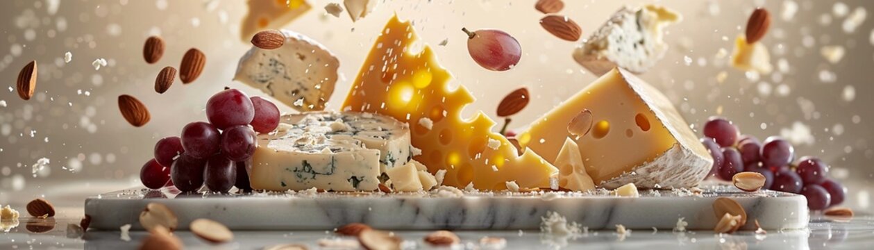 Artisan Cheese Platter erupting from a marble slab, with grapes and almonds in midair, presented against a classic cream background