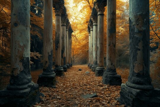 Moss-covered Antique columns in green forest. Summer travel. Generate Ai