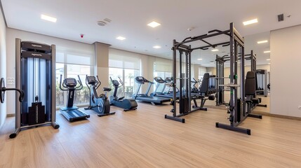 Fototapeta na wymiar Our gym photo showcases modern equipment for cardio and strength training, ensuring guests stay fit during their stay