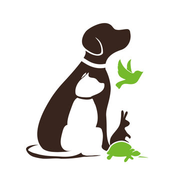 Dog and cat, turtle, bird and rabbit silhouette happy pets logo, animal logo for rescue, adoption, pet care or veterinary sign design, vector illustration