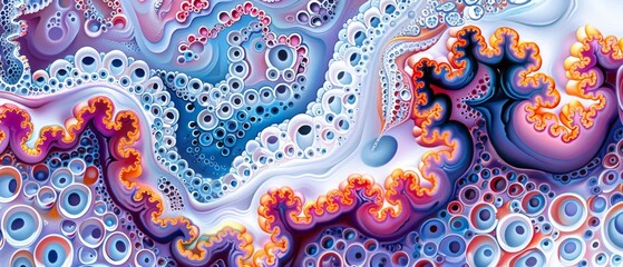  A vibrant abstract artwork featuring blue, purple, pink bubble patterns against a white backdrop with accents of red, orange, and blue