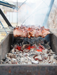 Meat on skewers is fried on the grill. Open fire, with smoke. Selective Focus