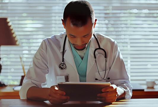 doctor holding and pointing to the tablet screen while talking with her patient