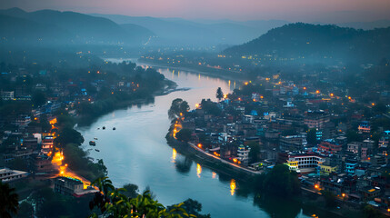 Serenity at Sunset: A Picturesque View of the Historical City of Jhelum, Pakistan - obrazy, fototapety, plakaty