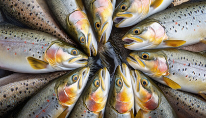 Group of trout fish, heads arranged in circle view from above. Generative AI
