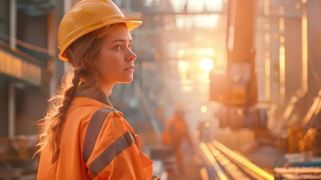 Female engineer wearing a hard hat and orange vest stands at a construction site.